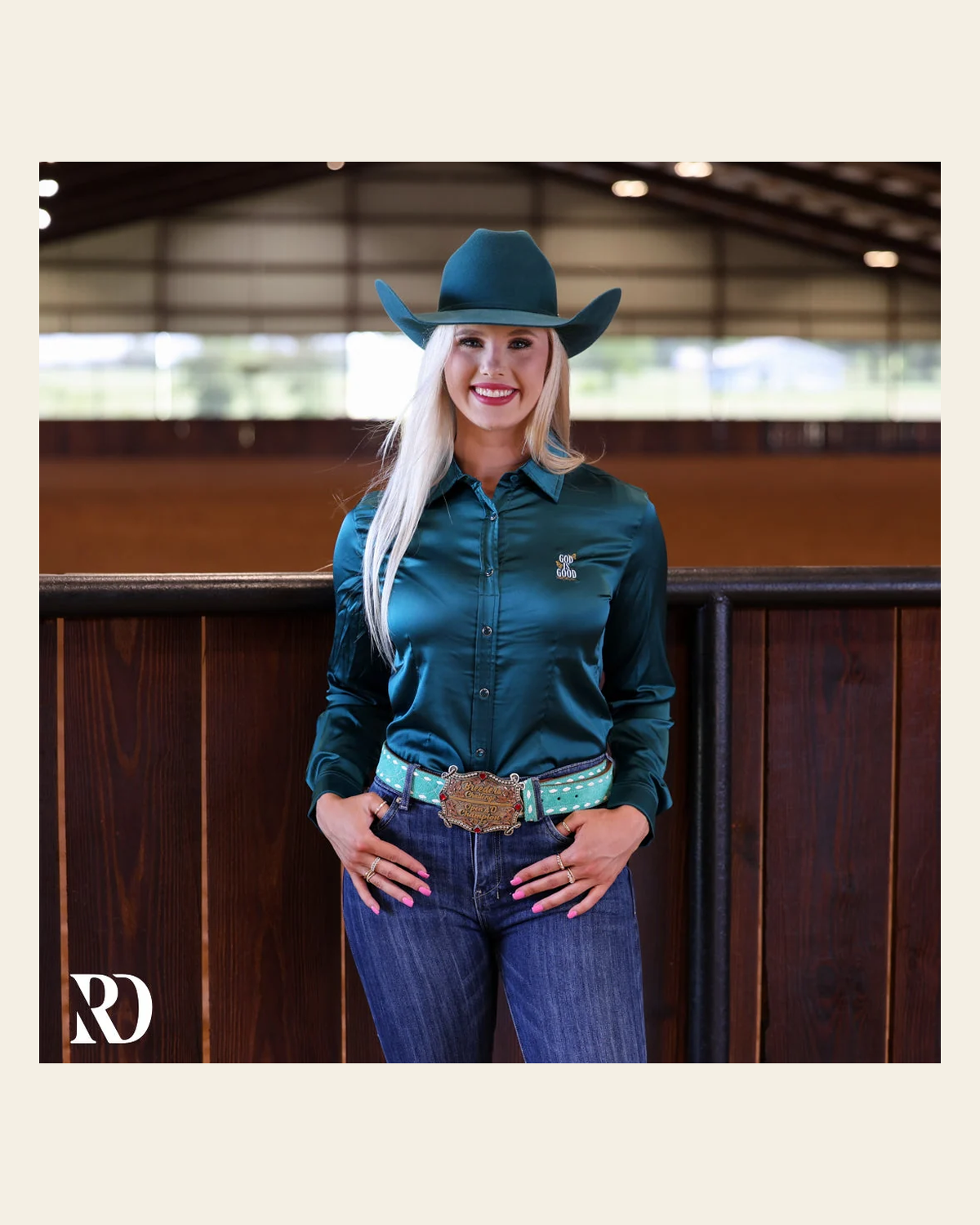 God Is Good Deep Teal Satin Performance Rodeo Shirt on a warm cream background