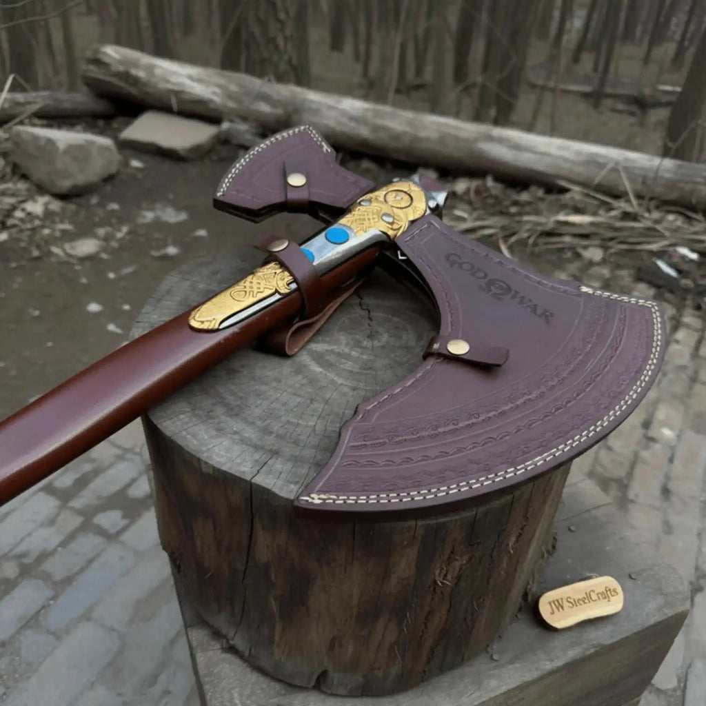 Hand Forged Viking Fantasy Double-Bit Axe with Norse Engraving, Gold Handle Fittings and Blue Gemstone Inlays