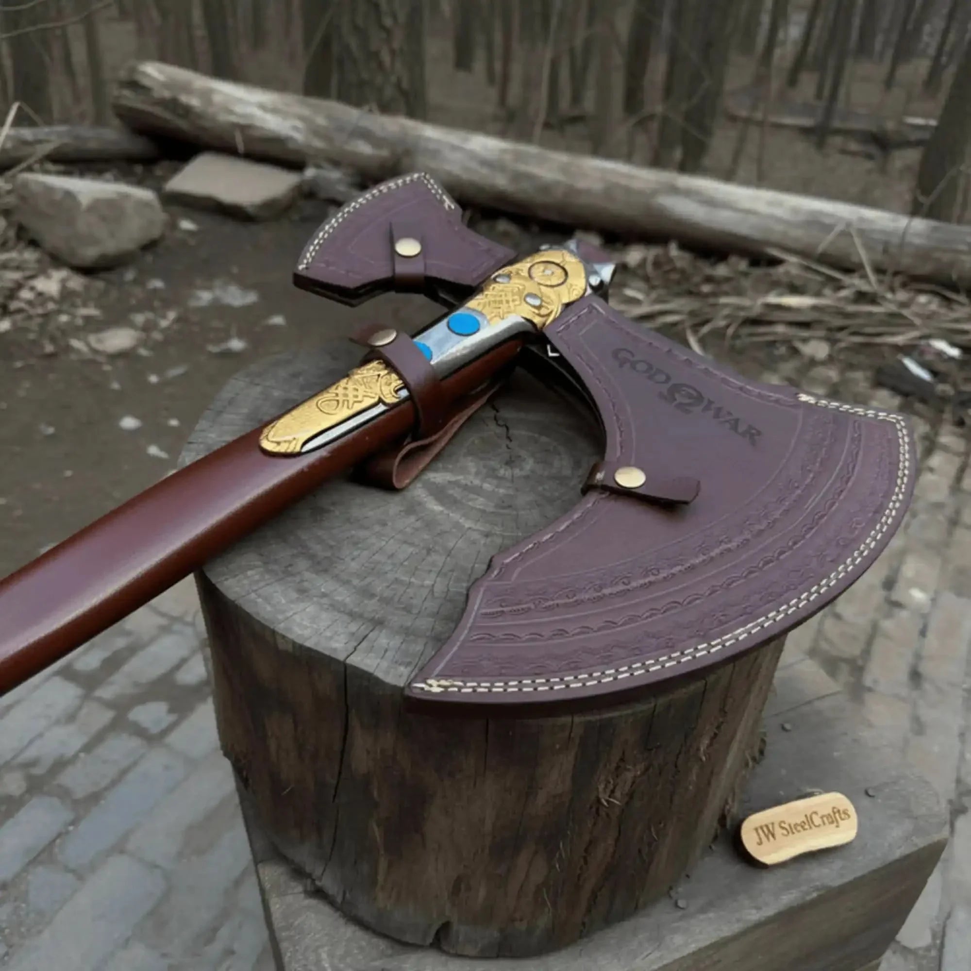 Hand Forged Viking Fantasy Double-Bit Axe with Norse Engraving, Gold Handle Fittings and Blue Gemstone Inlays