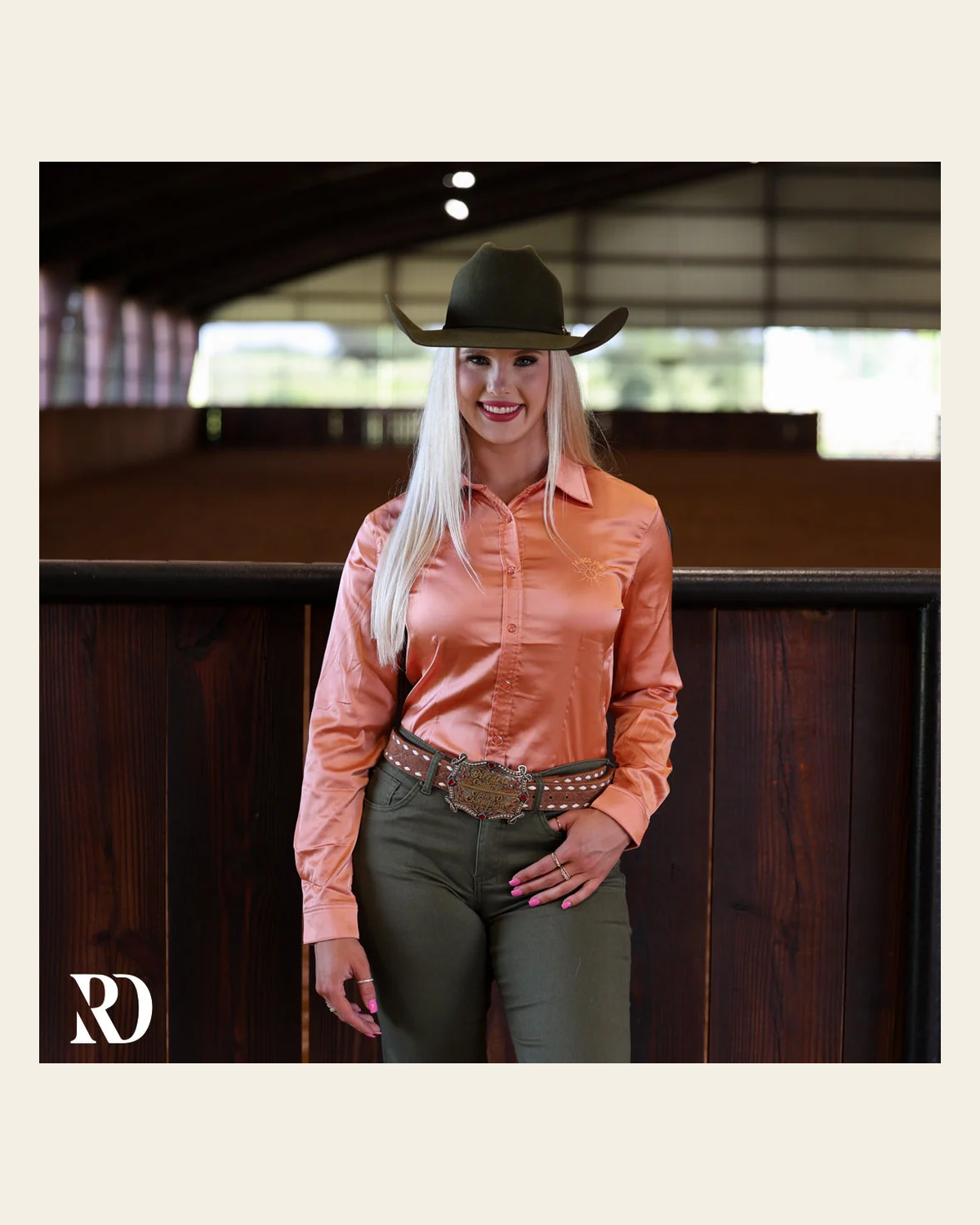 God On The Mountain Peach Satin Performance Rodeo Shirt on a warm cream background