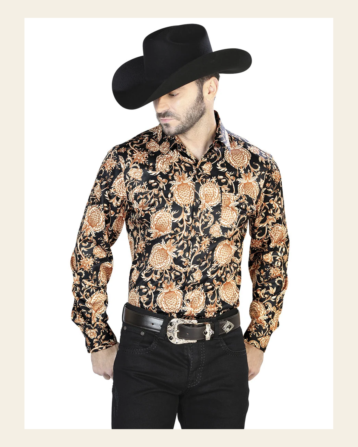 Gold And Black Casual Long Sleeve Shirt 44092 on a warm cream background