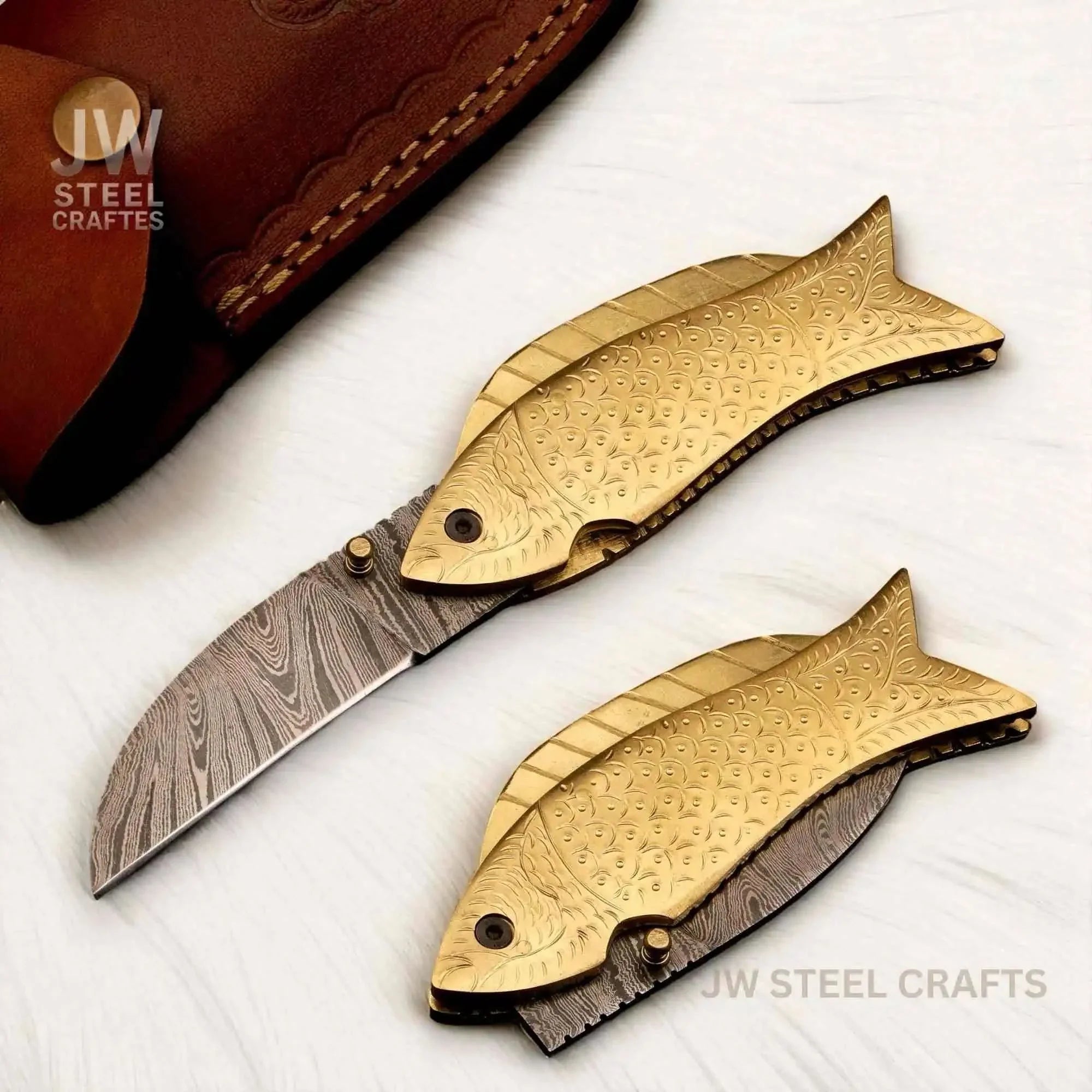 Gold Fish Folding Knife with Engraved Brass Fish Handle