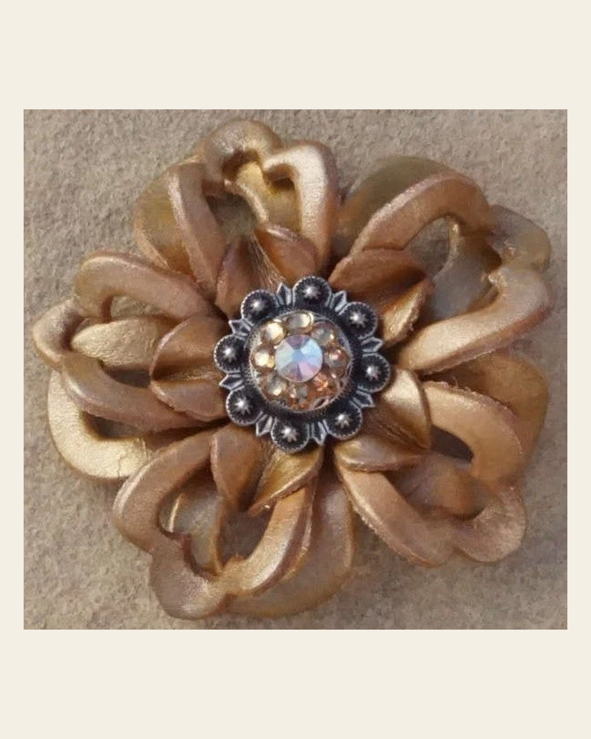 Gold Lotus Flower With Antique Silver Champagne and AB 1" Concho on a warm cream background