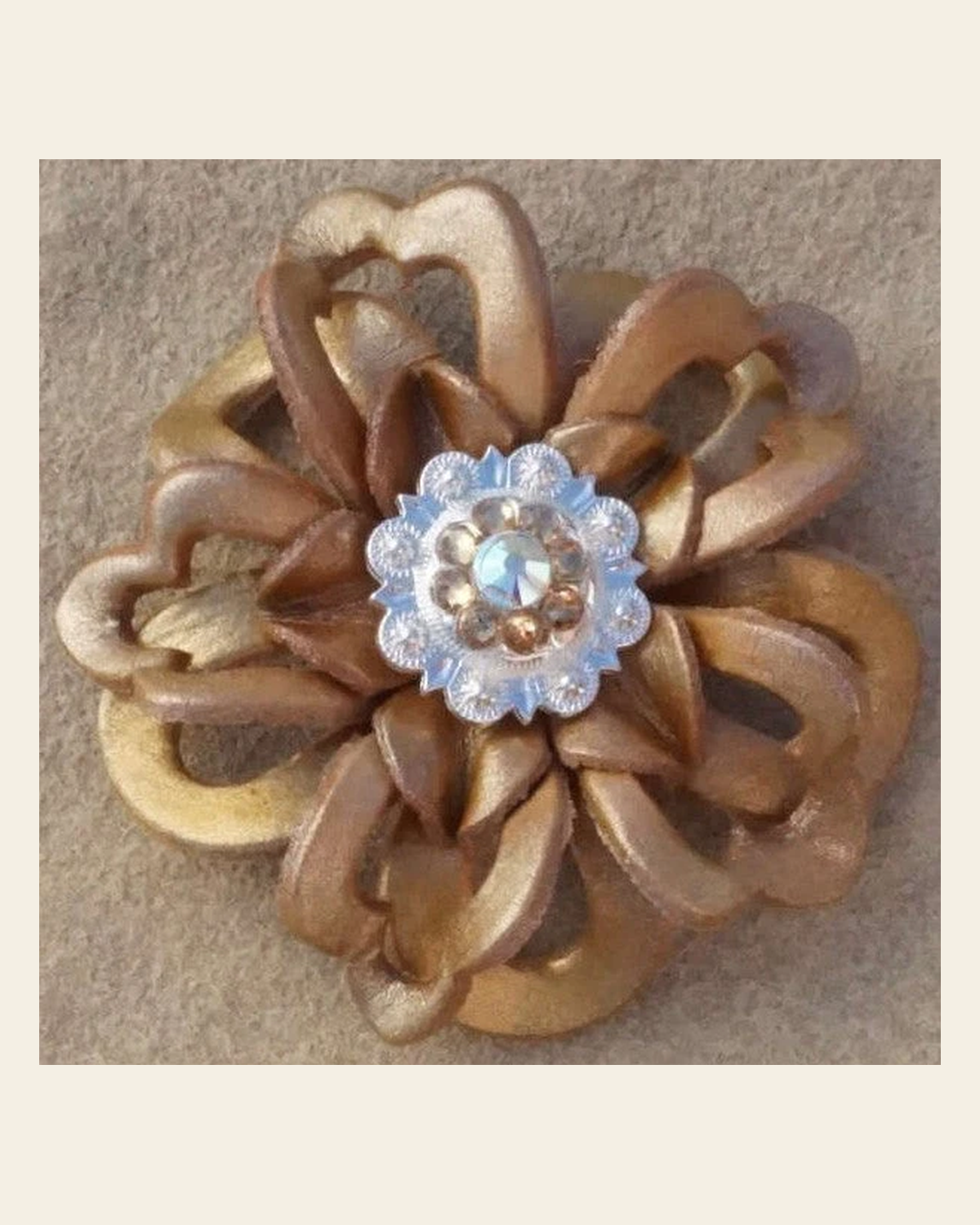 Gold Lotus Flower With Bright Silver Champagne and AB 1" Concho on a warm cream background