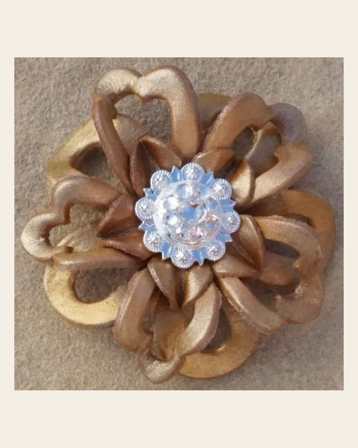 Gold Lotus Flower With Bright Silver Clear 1" Concho on a warm cream background