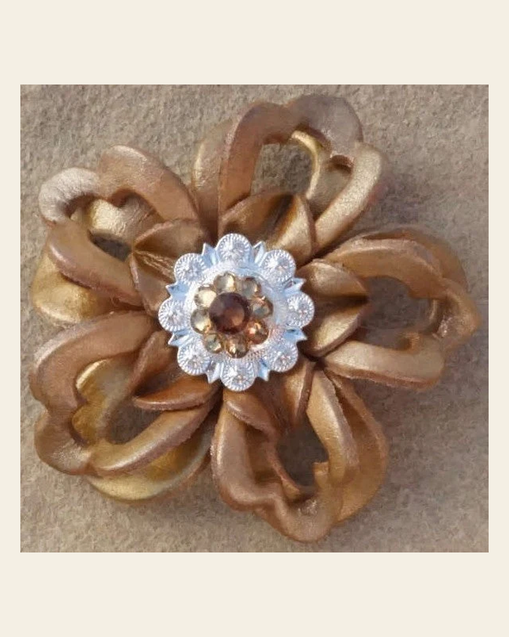Gold Lotus Flower With Bright Silver Topaz and Champagne 1" Concho on a warm cream background