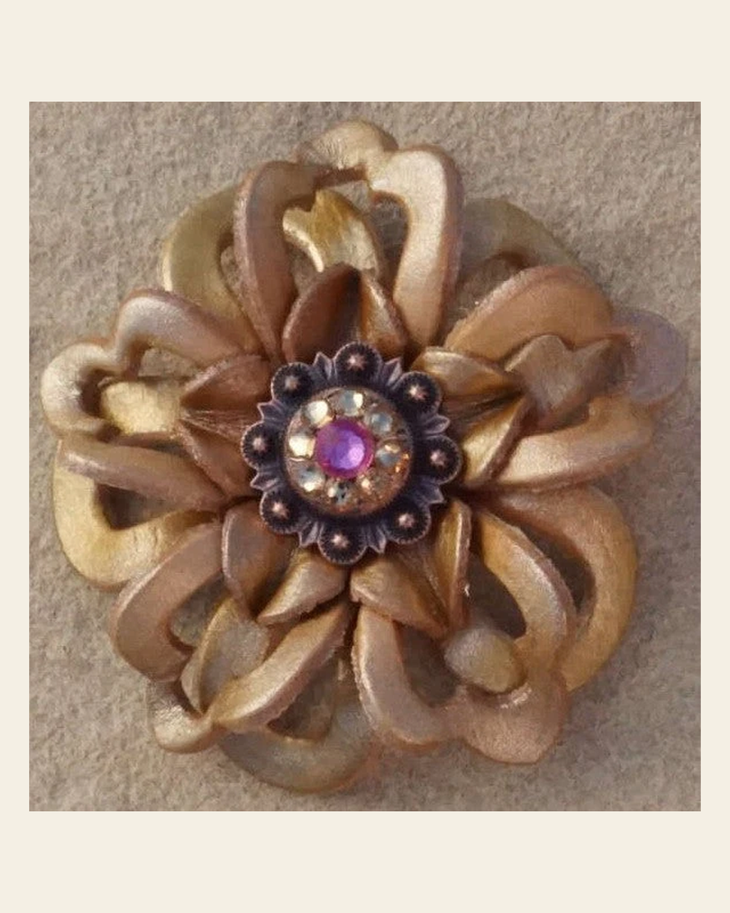 Gold Lotus Flower With Copper Pink and Champagne 1" Concho on a warm cream background