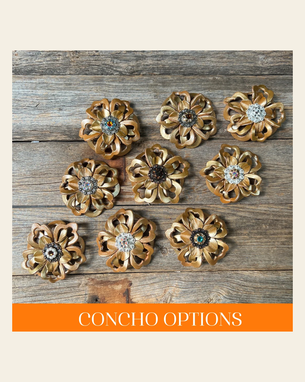 Gold Lotus Leather Flowers - 1" Crystal Conchos - Options on a warm cream background
