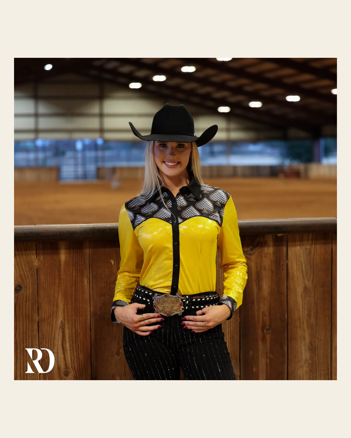 Gold Spade Sparkle Performance Rodeo Shirt on a warm cream background