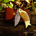 Damascus Fish Folding Knife with Bone Handle and Leather Sheath