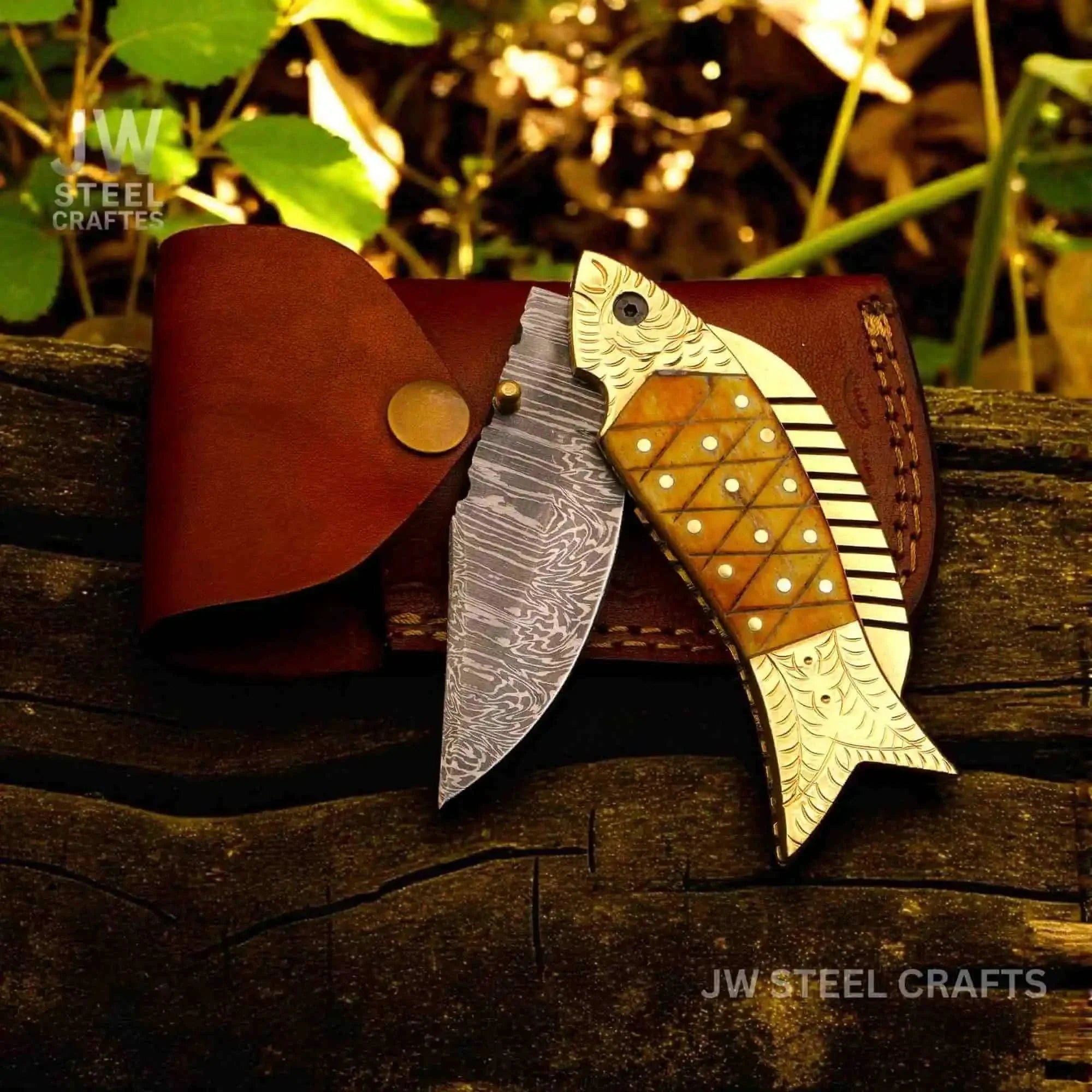 Damascus Fish Folding Knife with Bone Handle and Leather Sheath