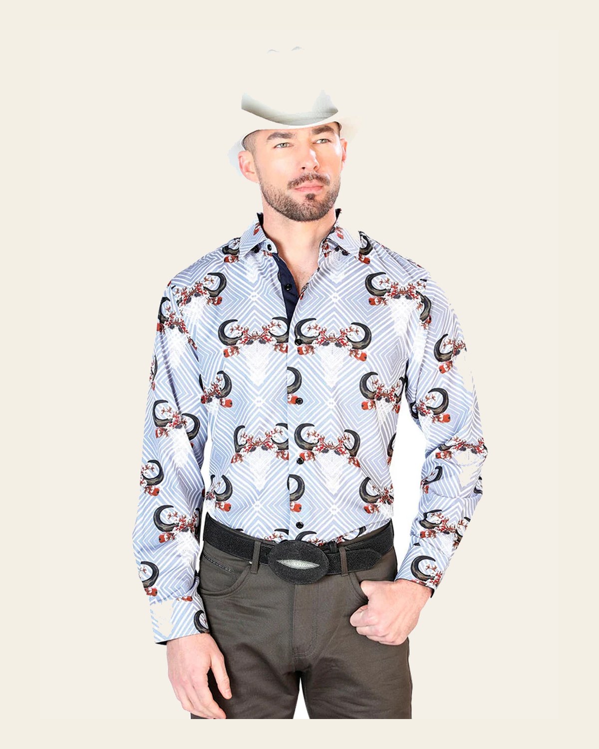 Gray And Black Casual Long Sleeve Shirt 43693 on a warm cream background