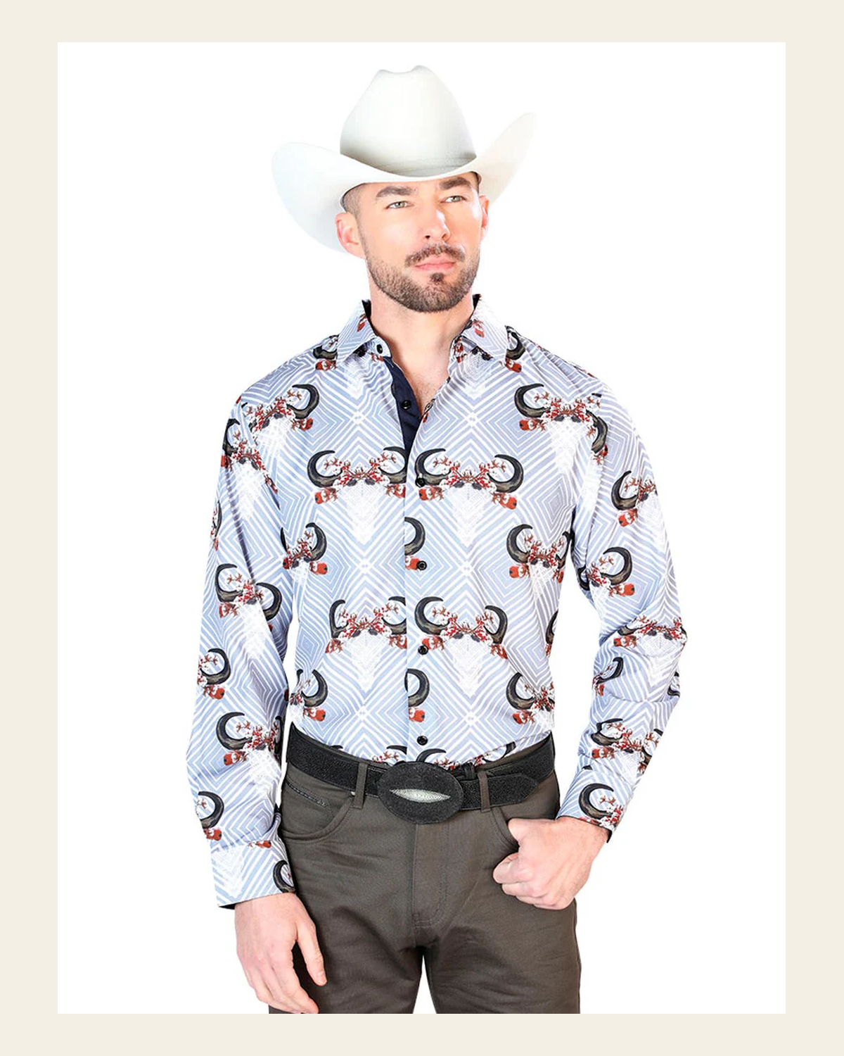 Gray And Black Casual Long Sleeve Shirt 43693 on a warm cream background