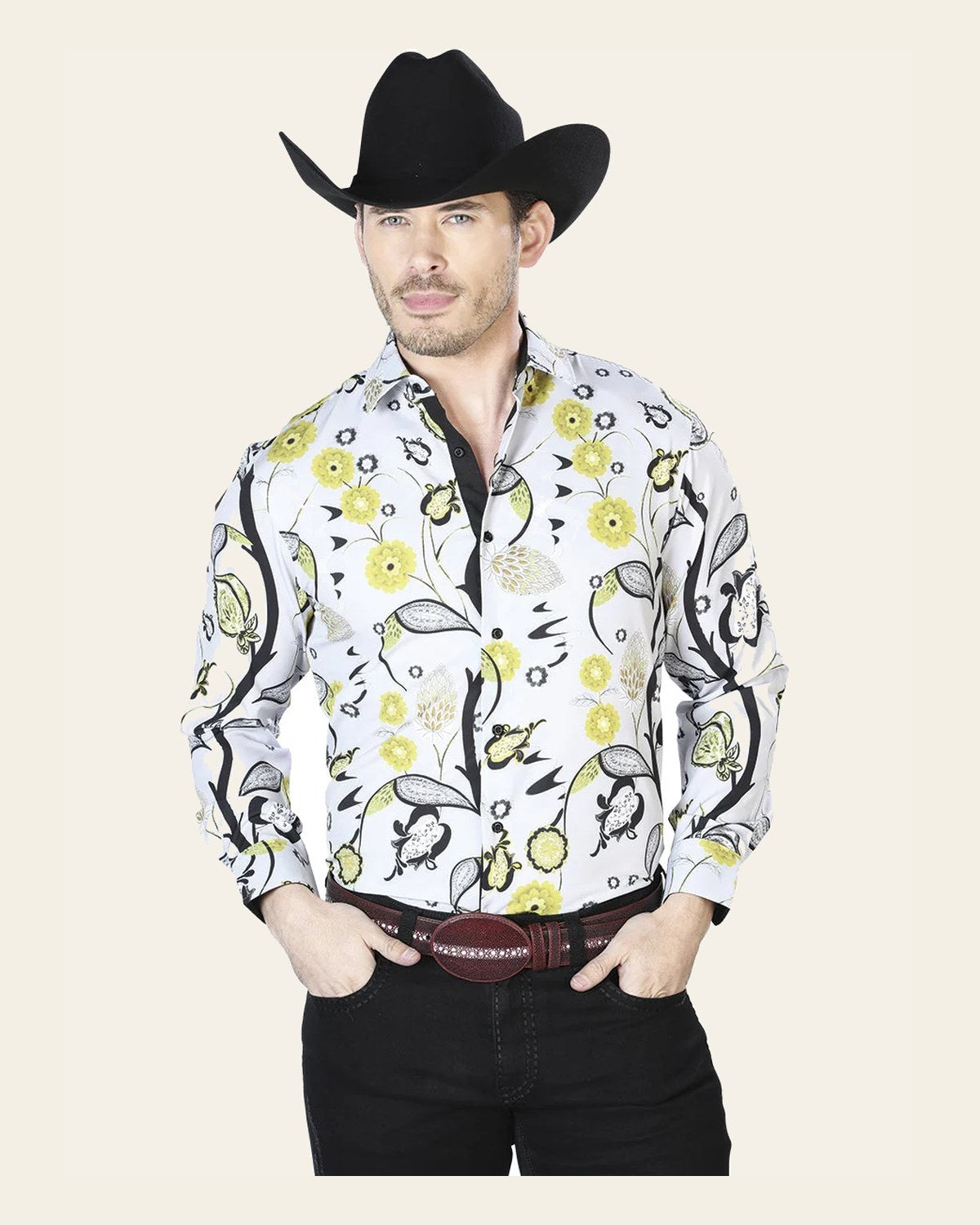 Gray And Yellow Casual Long Sleeve Shirt 43697 on a warm cream background