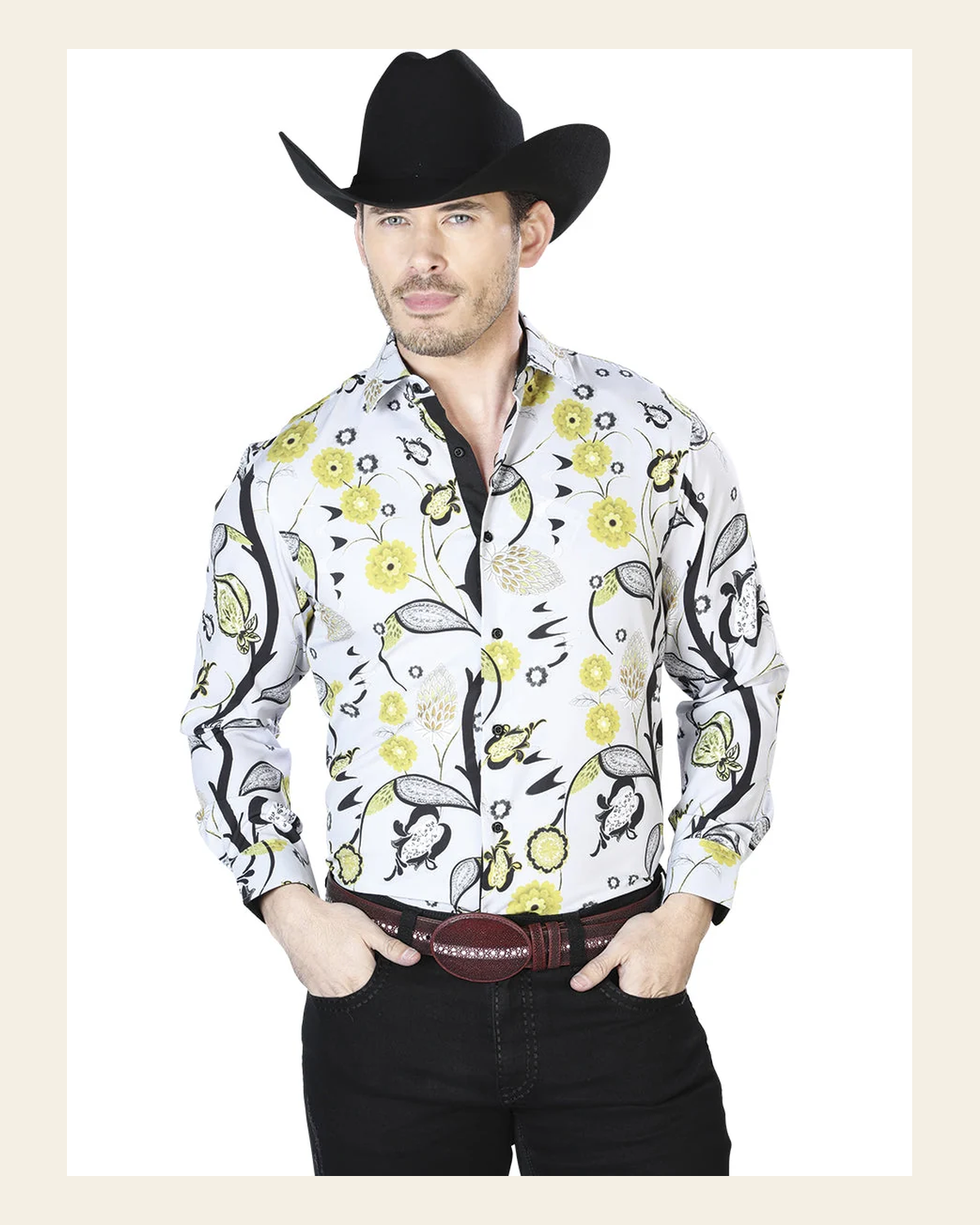 Gray And Yellow Casual Long Sleeve Shirt 43697 on a warm cream background