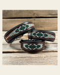 Tooled Green and Brown Genuine Leather Beaded Dog Collar #DC447 on a warm cream background