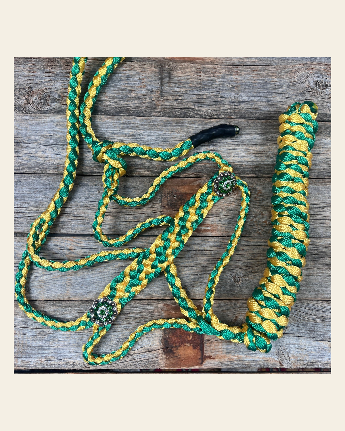 Green and Gold Mule Tape Halter - Fern and Clear #MT236 on a warm cream background