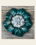 Green Carnation Flower With Bright Silver Clear 1" Concho on a warm cream background