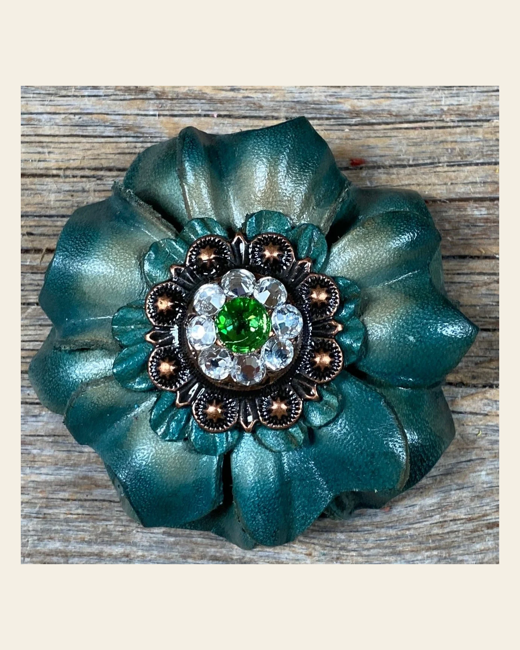 Green Carnation Flower With Copper Fern, Clear 1" Concho on a warm cream background