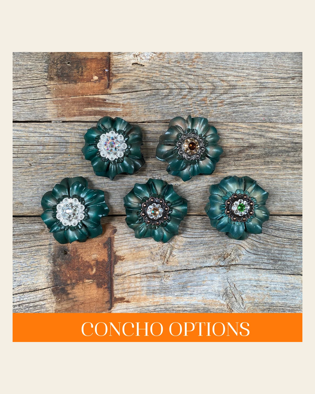 Green Carnations Leather Flowers - 1" Crystal Conchos - Options on a warm cream background