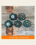 Green Carnations Leather Flowers - 1" Crystal Conchos - Options on a warm cream background