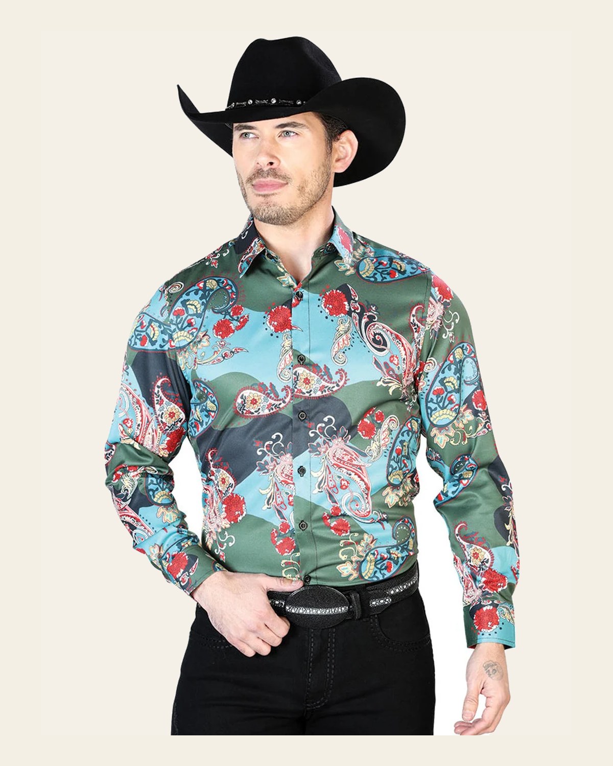 Senor De Los Cielos Green Casual Long Sleeve Shirt 43681 on a warm cream background