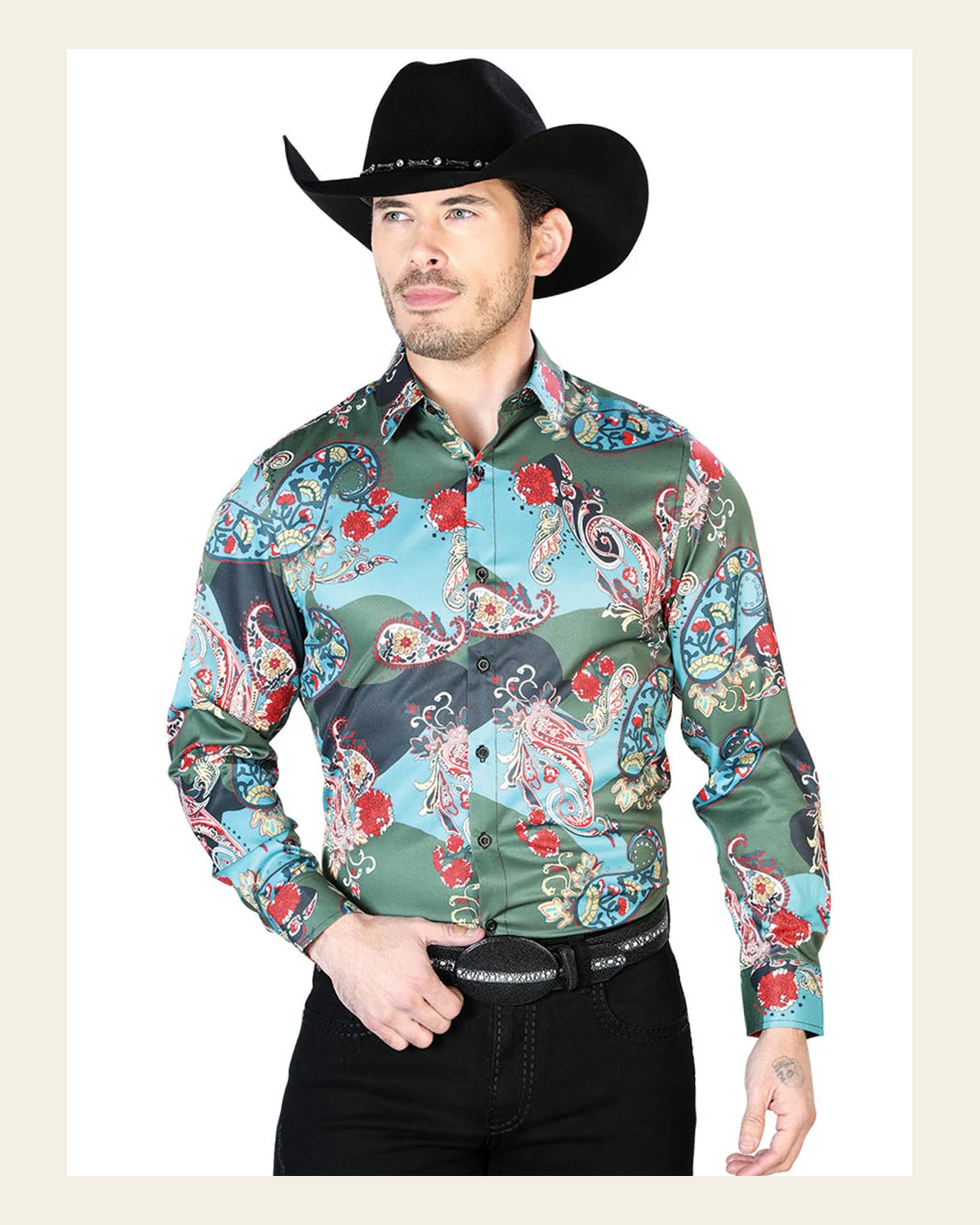 Senor De Los Cielos Green Casual Long Sleeve Shirt 43681 on a warm cream background