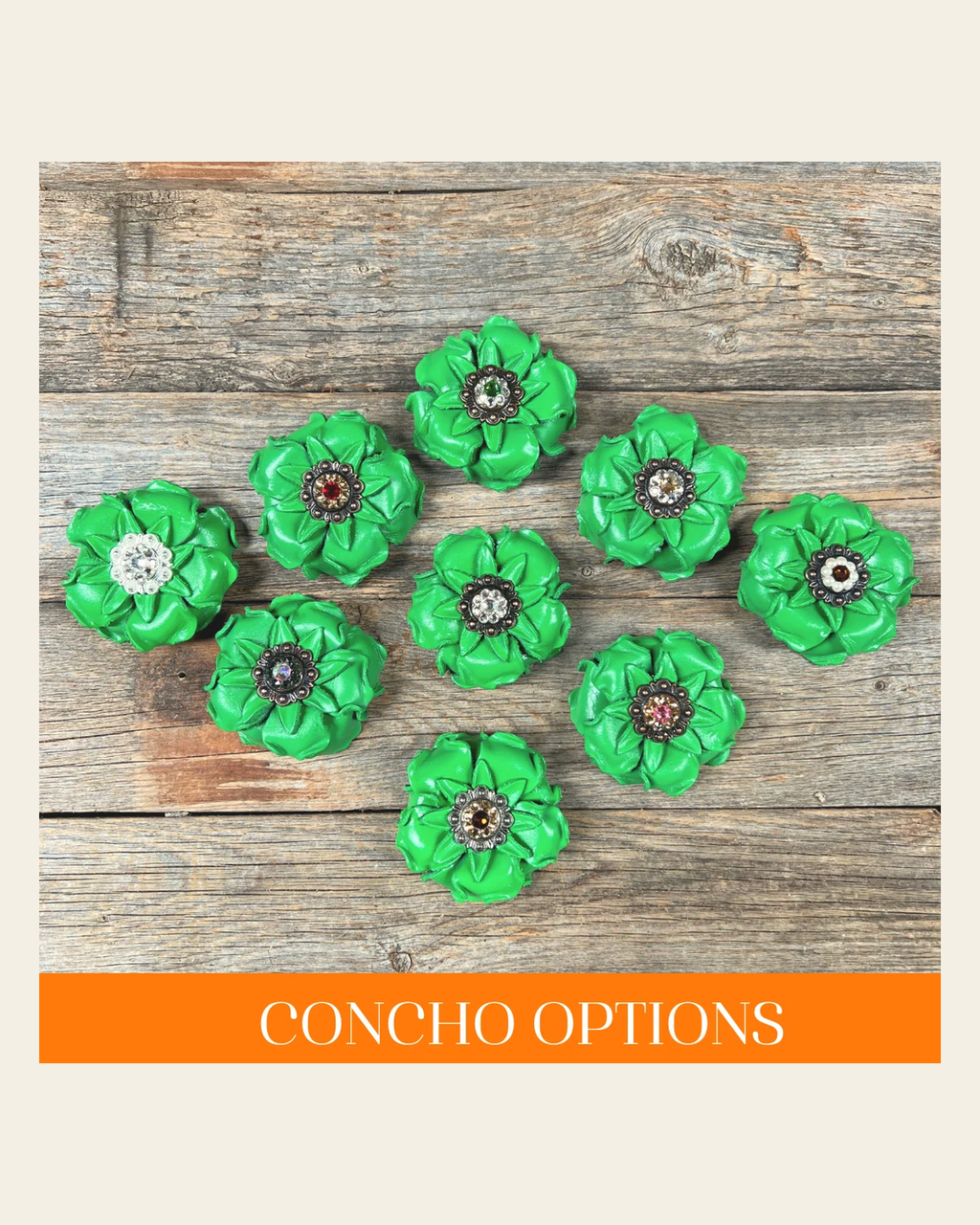 Green Gardenia Leather Flowers - 1" Crystal Conchos - Options on a warm cream background
