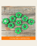 Green Gardenia Leather Flowers - 1" Crystal Conchos - Options on a warm cream background