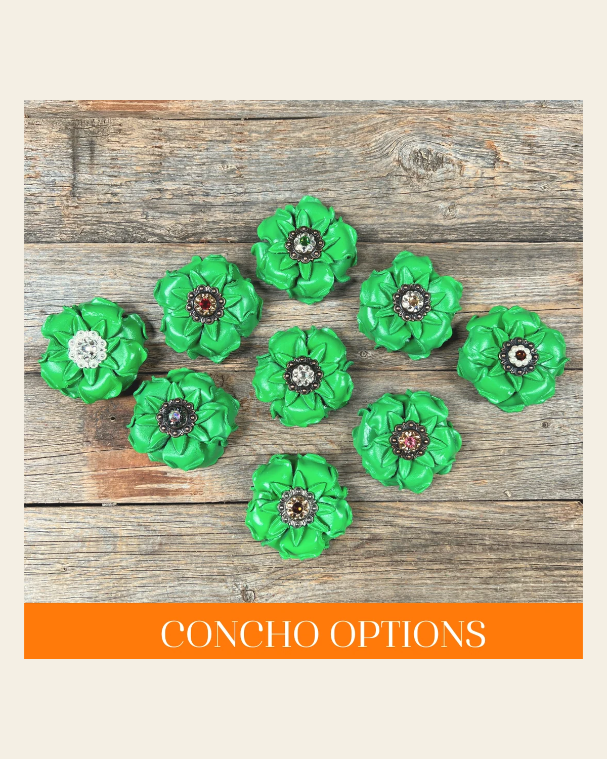Green Gardenia Leather Flowers - 1" Crystal Conchos - Options on a warm cream background