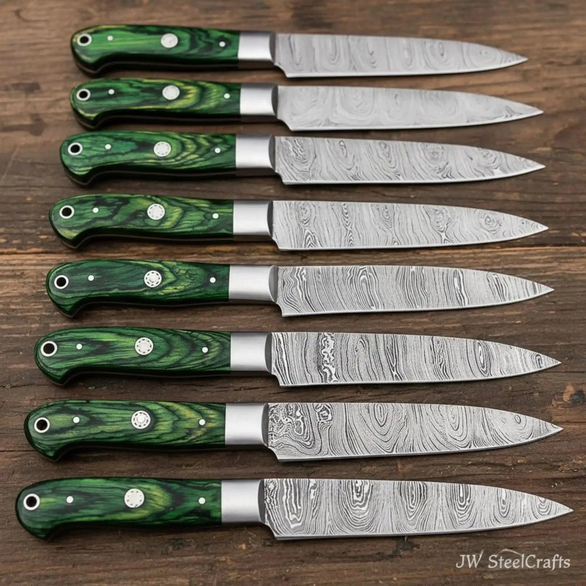 Handmade Damascus Steak Knife Set – Green Pakkawood Handles, Steel Bolsters & Full Tang Blades