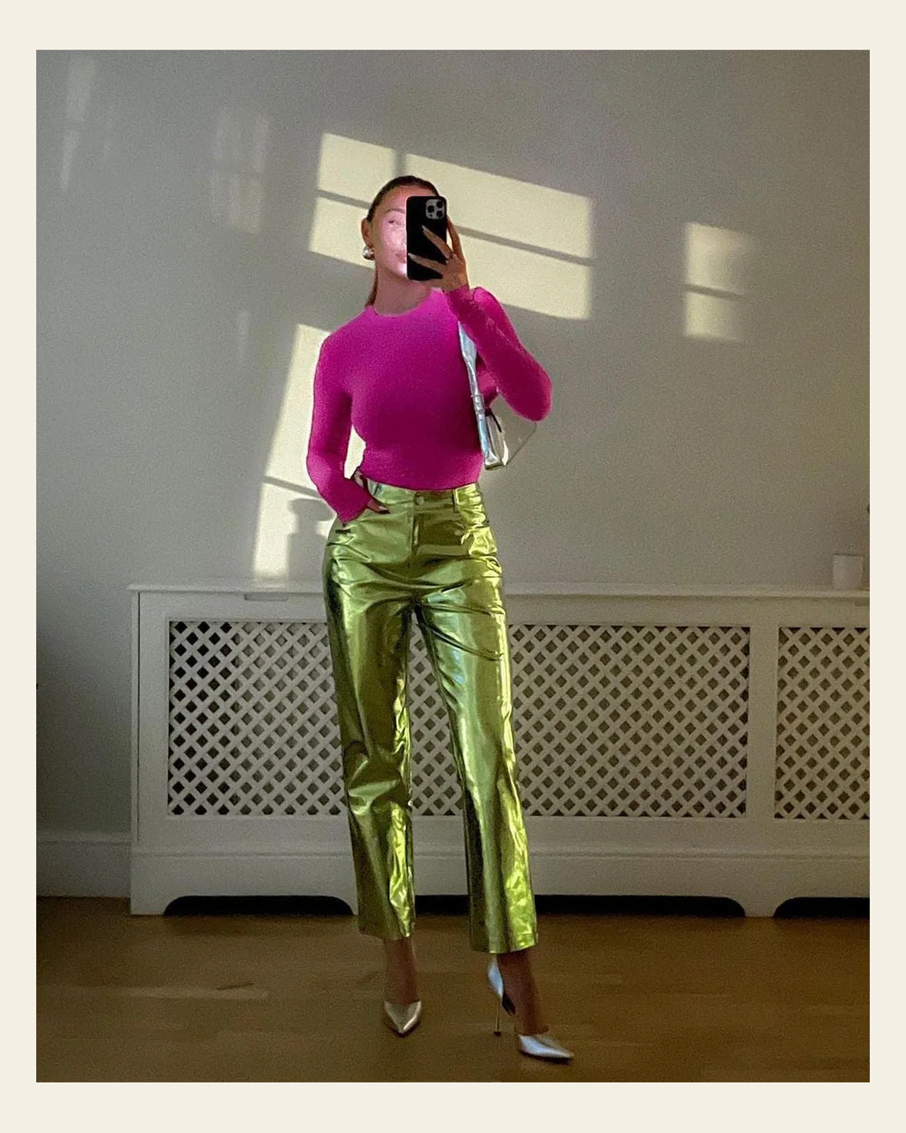 Green Metallic Trouser on a warm cream background