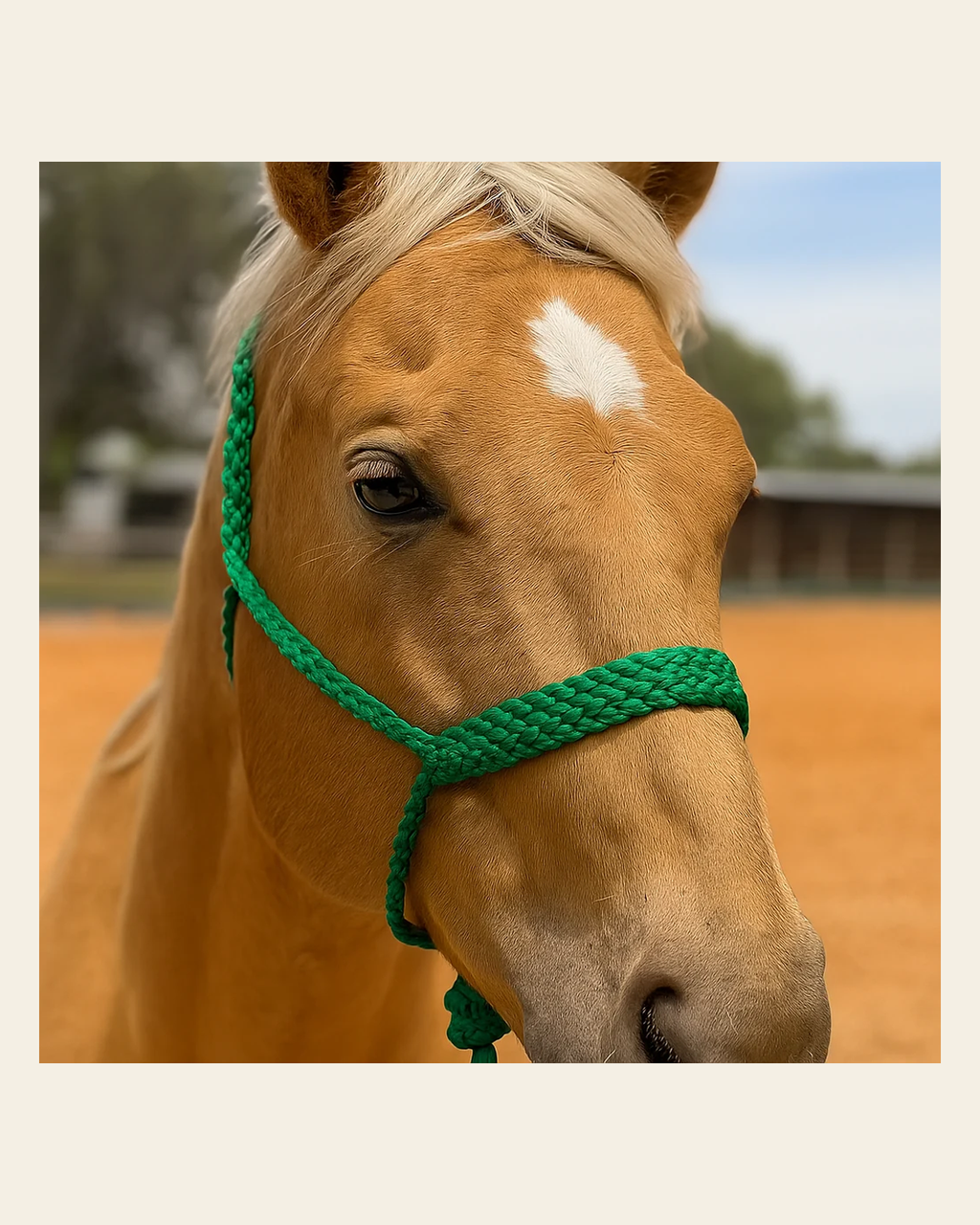 Green Mule Tape Halter on a warm cream background