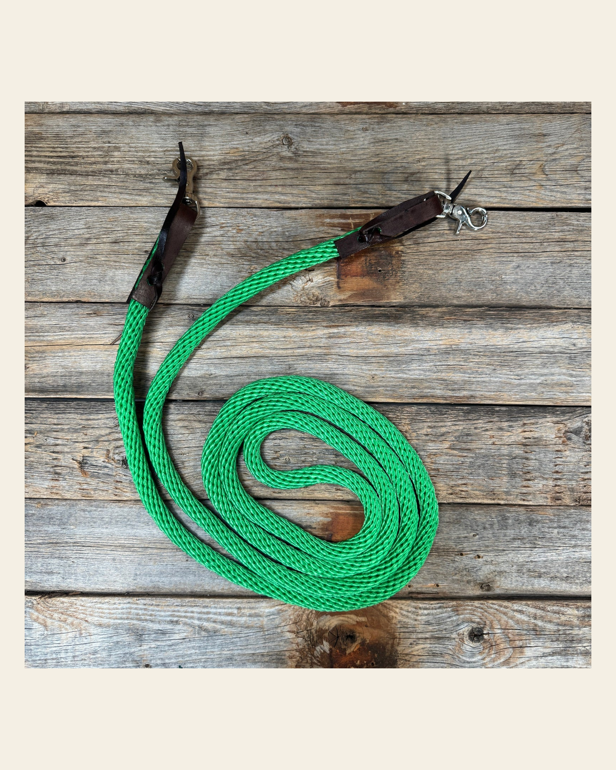 Green Nylon Barrel Racing Reins #NR105 on a warm cream background