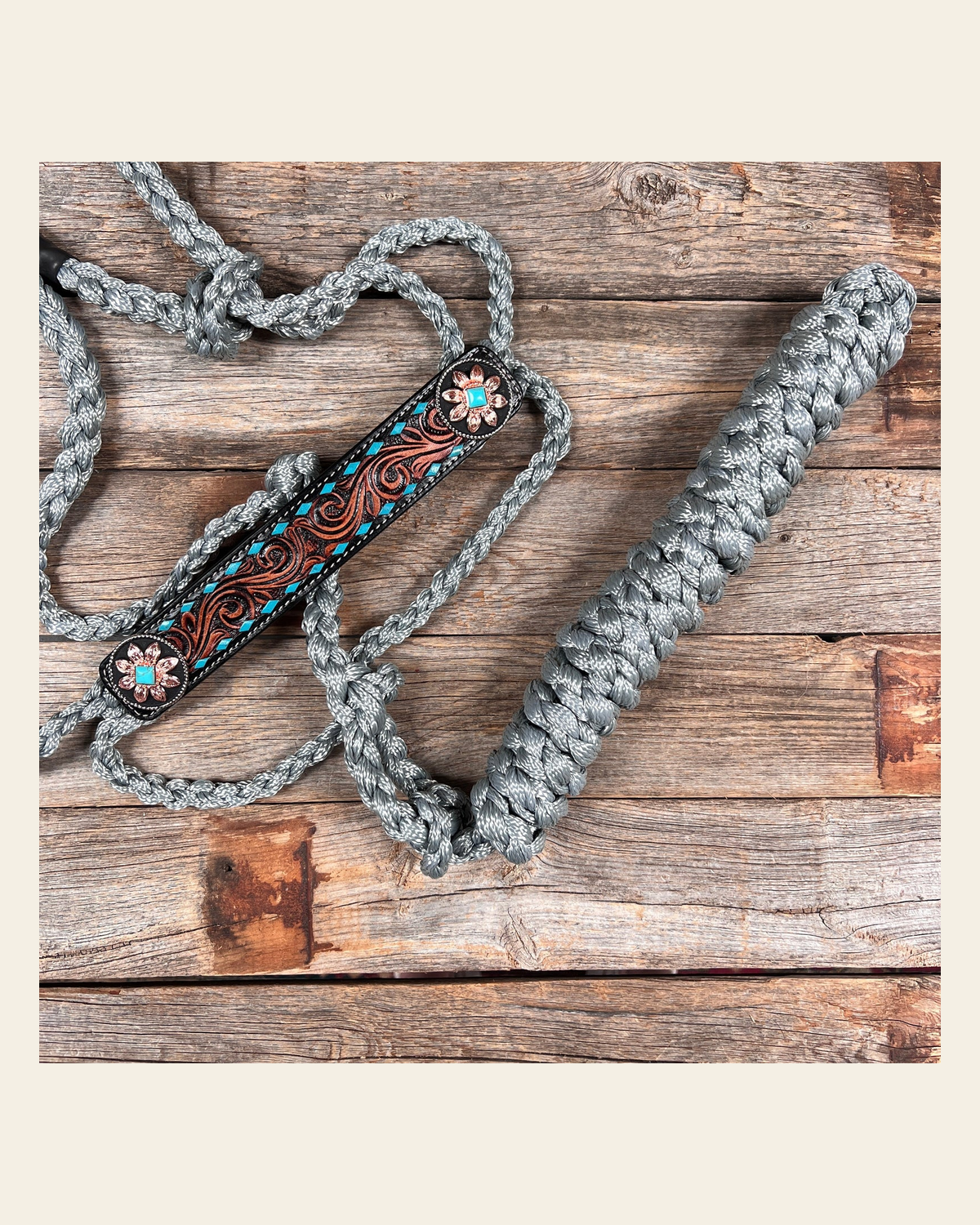 Grey Mule Tape Halter - Turquoise Sunflower #MT206 on a warm cream background