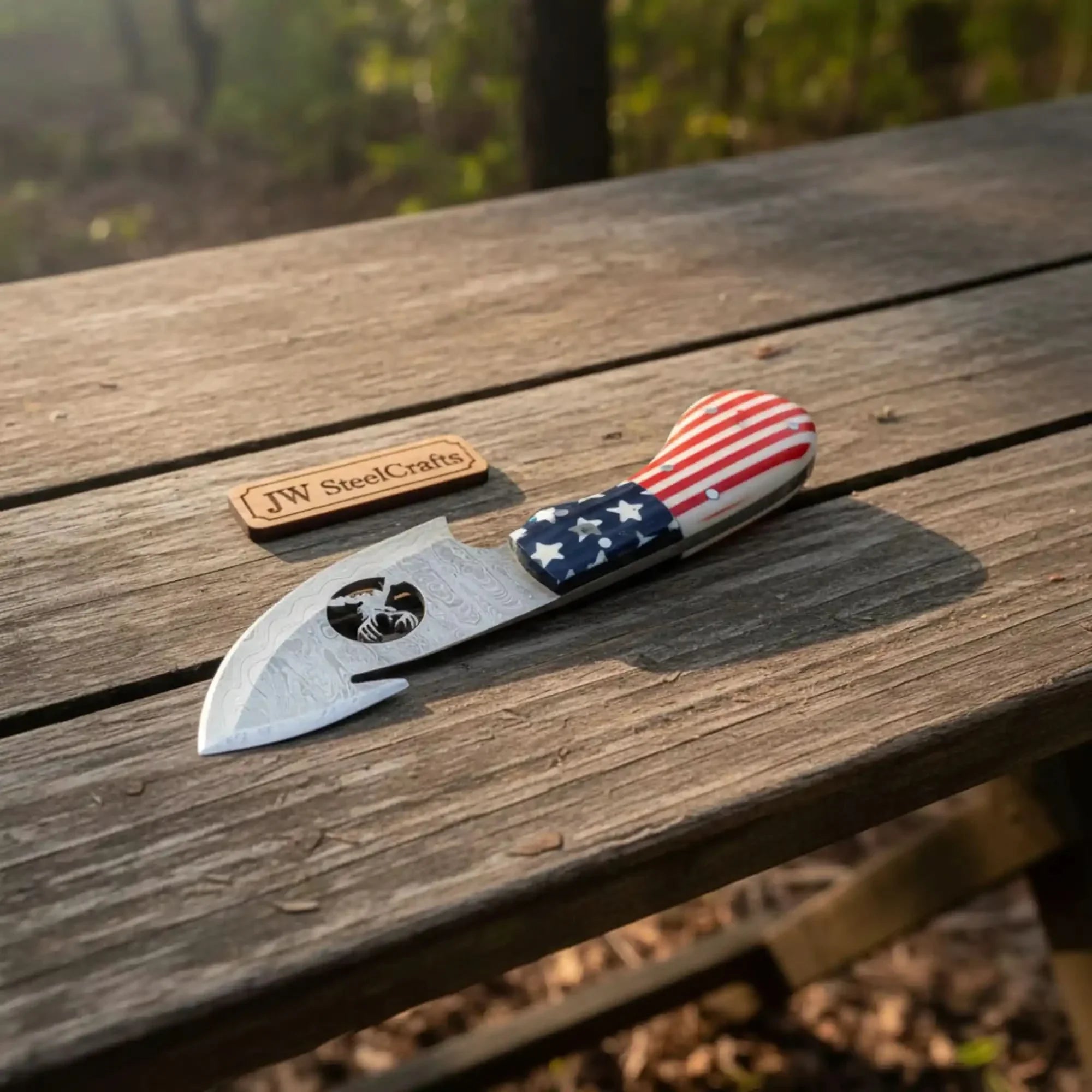 American Flag Gut Hook Skinner with Deer Engraved Blade