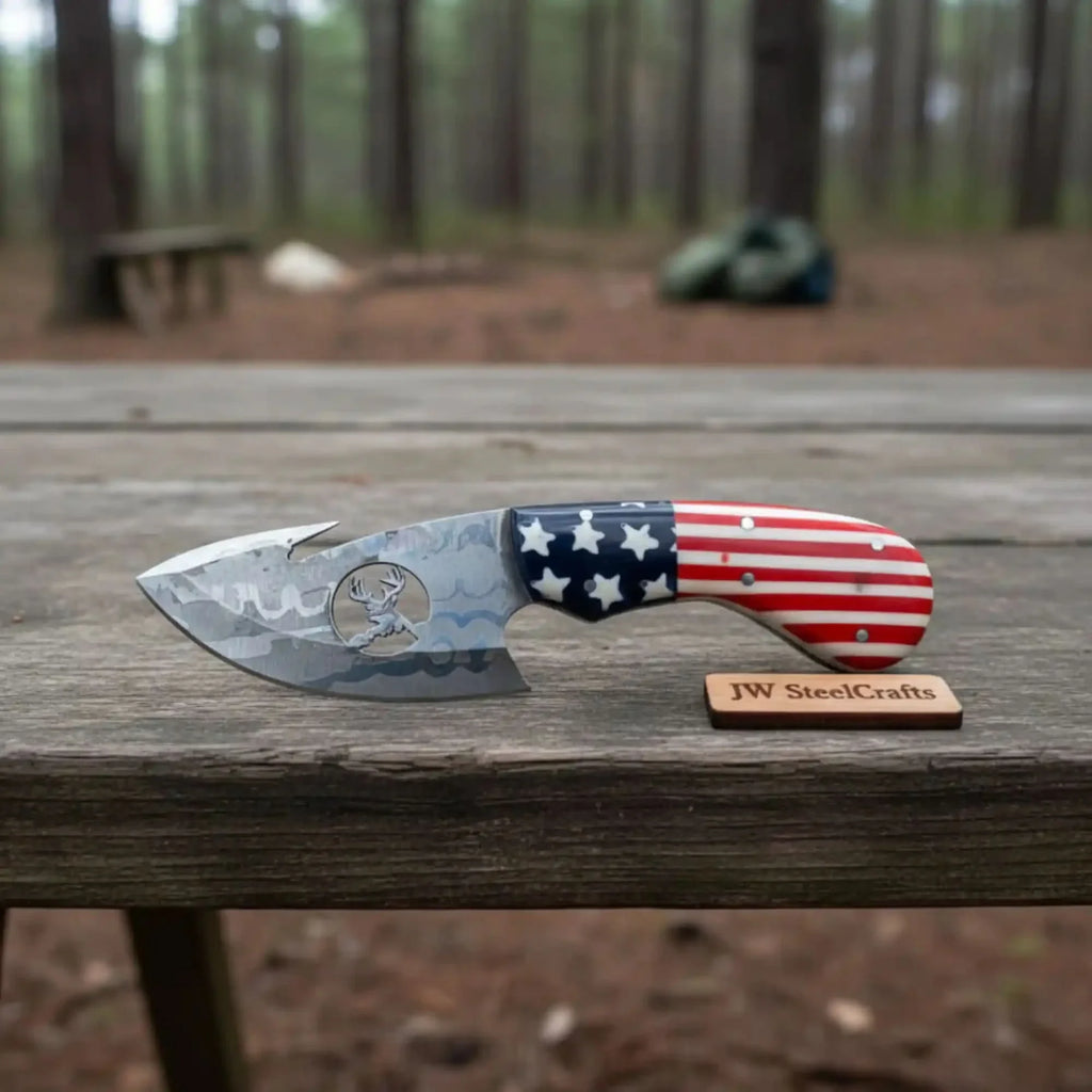 American Flag Gut Hook Skinner with Deer Engraved Blade