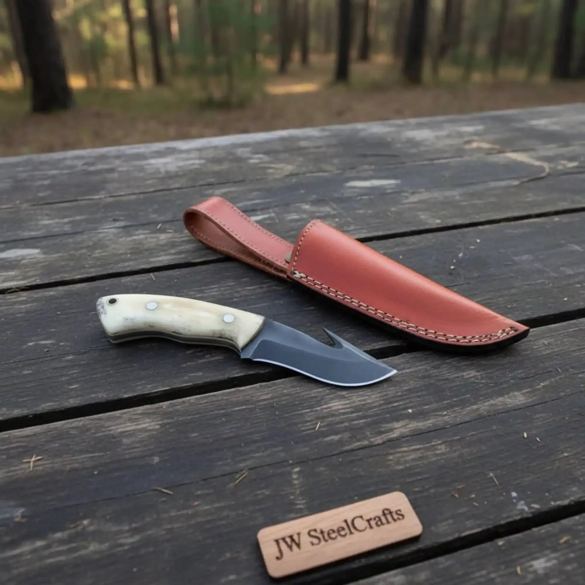 Gut Hook Skinner Knife Black Coated Blade Bone Handle 3.5 Inch Fixed Blade Hunting Knife