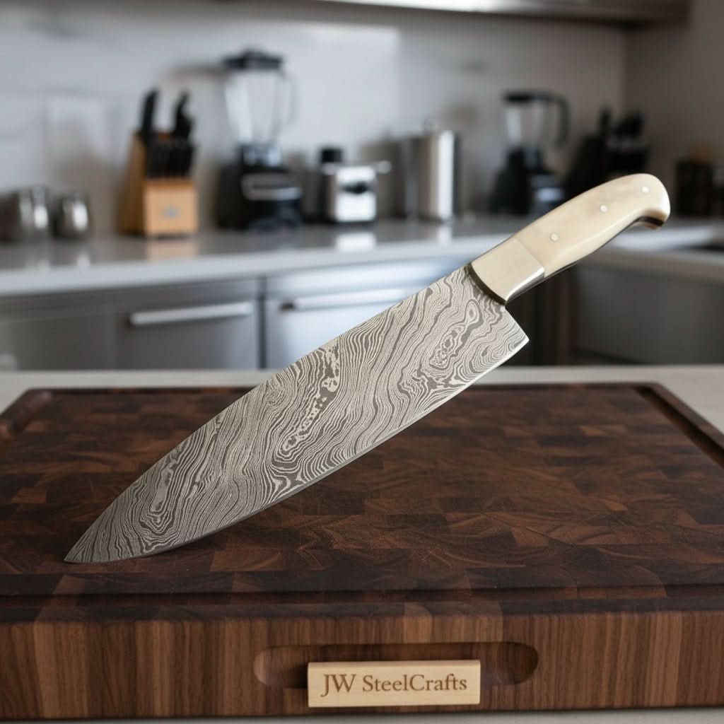 Gyuto Knife, Handmade Damascus Steel Blade, White Bone Handle with Steel Bolster, Full Tang Japanese Chef Knife, JW SteelCrafts