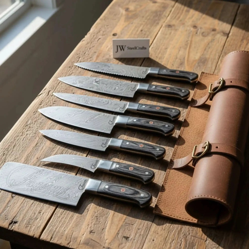 7-Piece Hammer Forged Damascus Chef Knife Set with Black Pakka Wood Handles