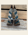 Hand Engraved Midnight Blue Angled Barrel Racing Western Stirrups BRS102 on a warm cream background