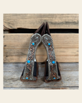 Hand Engraved Copper and Turquoise Angled Barrel Racing Western Stirrups BRS101 on a warm cream background