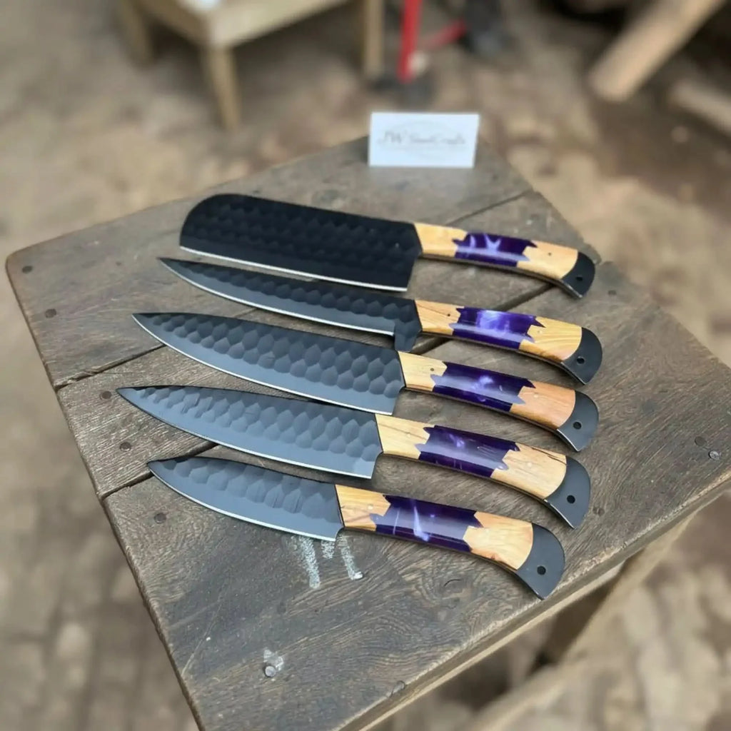 5-Piece Chef Knife Set with Hammered Black Blades, Purple Resin & Olive Wood Handles