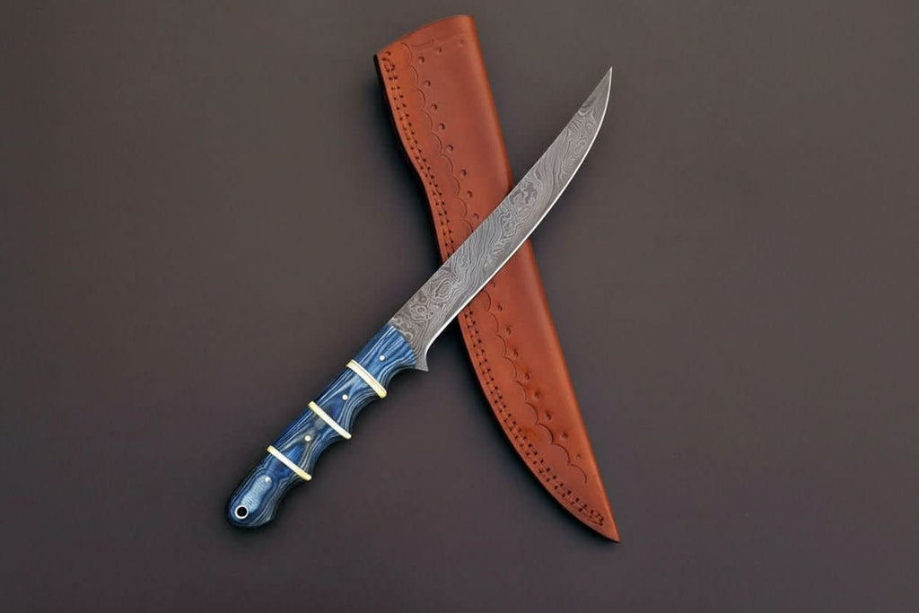 Handcrafted Damascus Steel Fish Fillet Knife with Blue Pakka Wood Handle and Leather Sheath