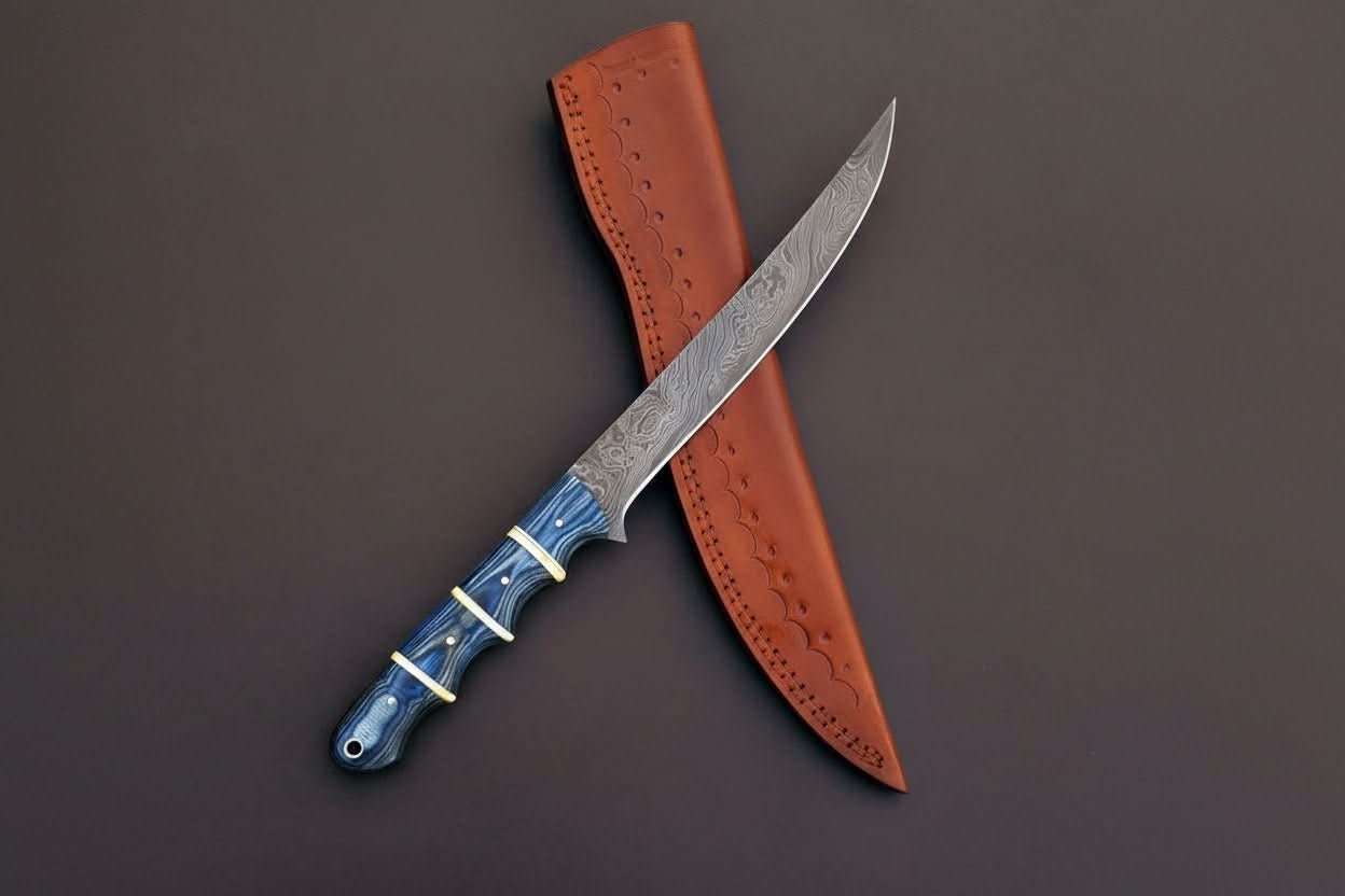 Handcrafted Damascus Steel Fish Fillet Knife with Blue Pakka Wood Handle and Leather Sheath