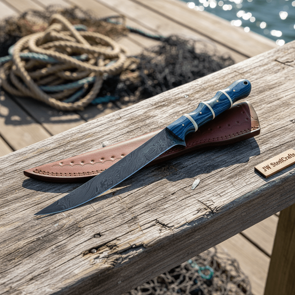 Handcrafted Damascus Steel Fish Fillet Knife with Blue Pakka Wood Handle and Leather Sheath