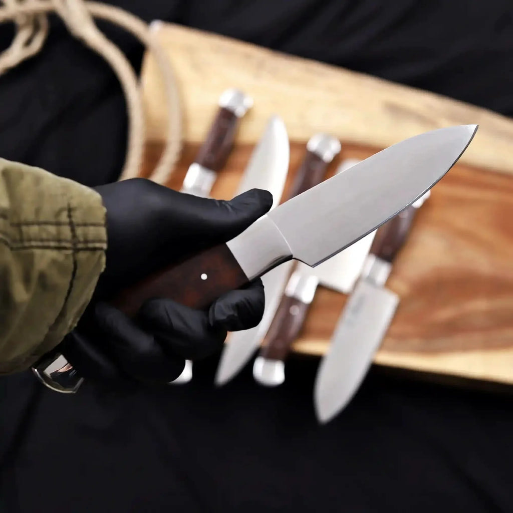 6-Piece High Carbon Steel Kitchen Knife Set with Leather Roll — Olive Wood Handles, Steel Bolsters, 7 to 12 Inc