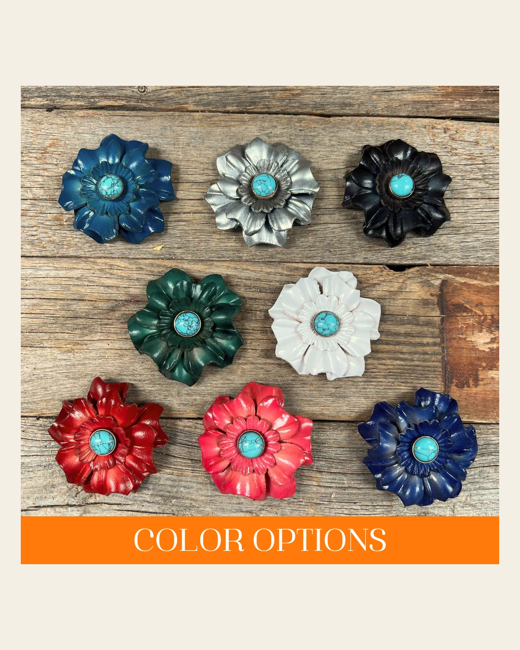 Hand Painted Leather Flowers - Carnations - Round Turquoise Cabochons on a warm cream background