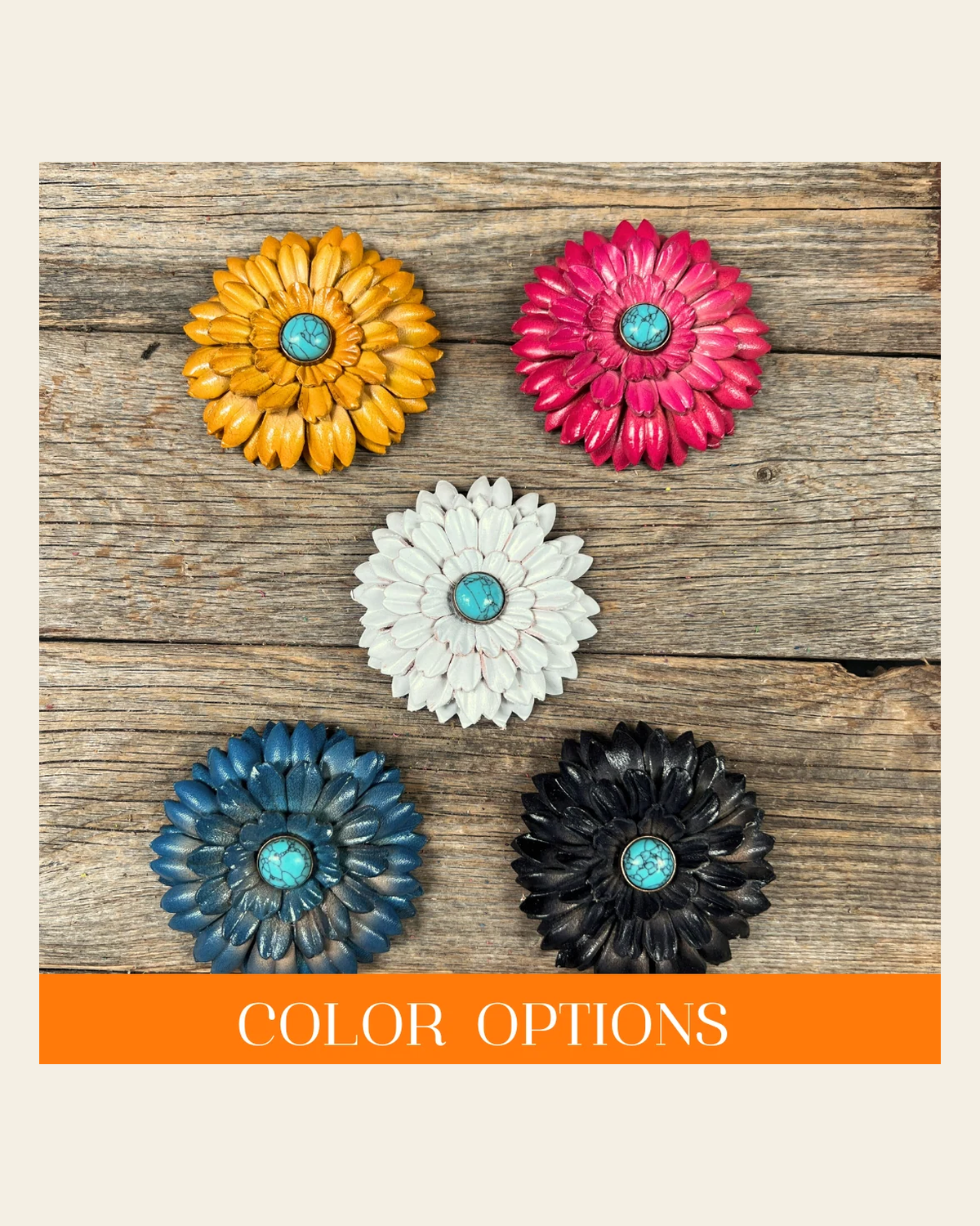Hand Painted Leather Flowers - Daisies - Round Turquoise Cabochons on a warm cream background
