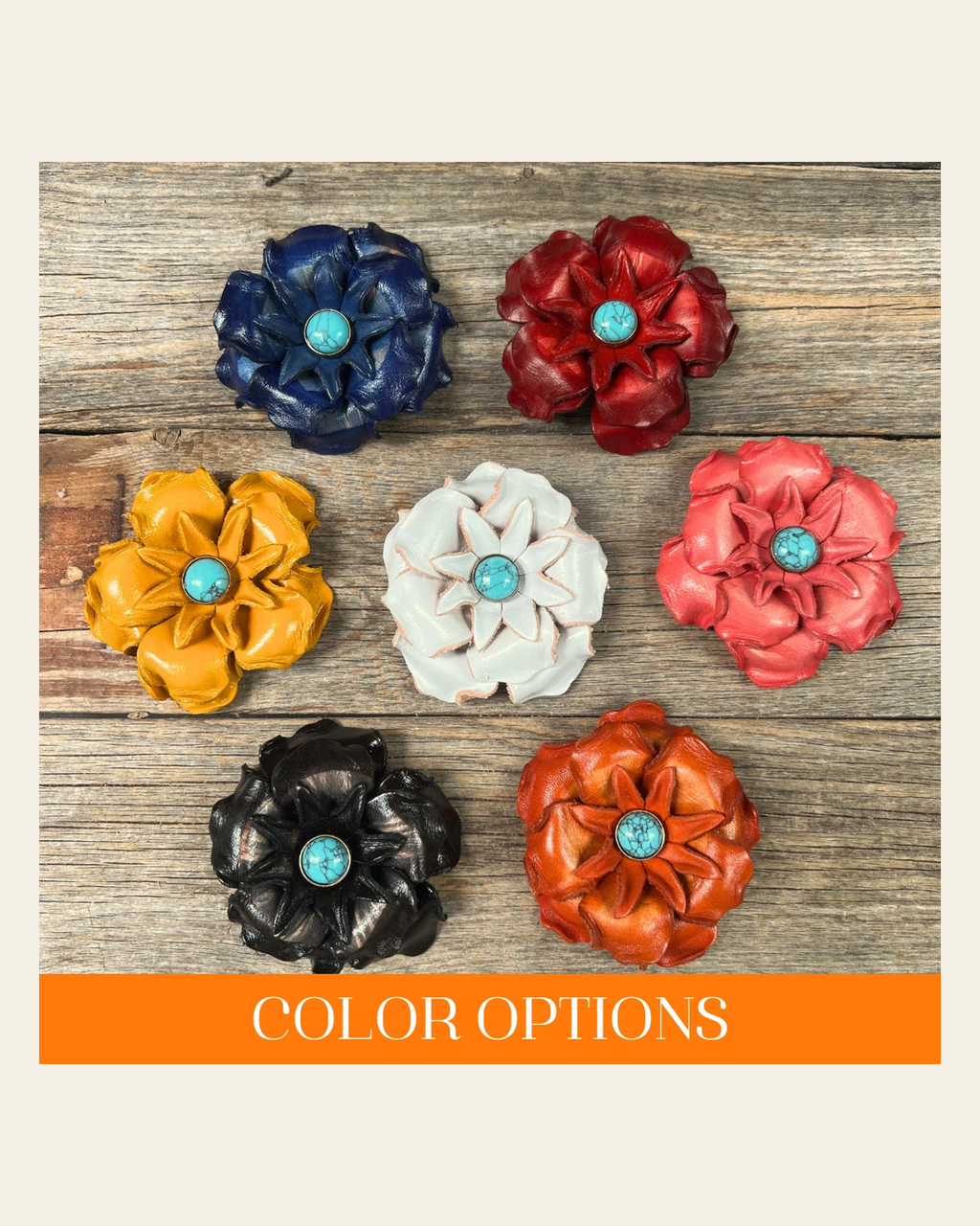 Hand Painted Leather Flowers - Gardenias - Round Turquoise Cabochons on a warm cream background